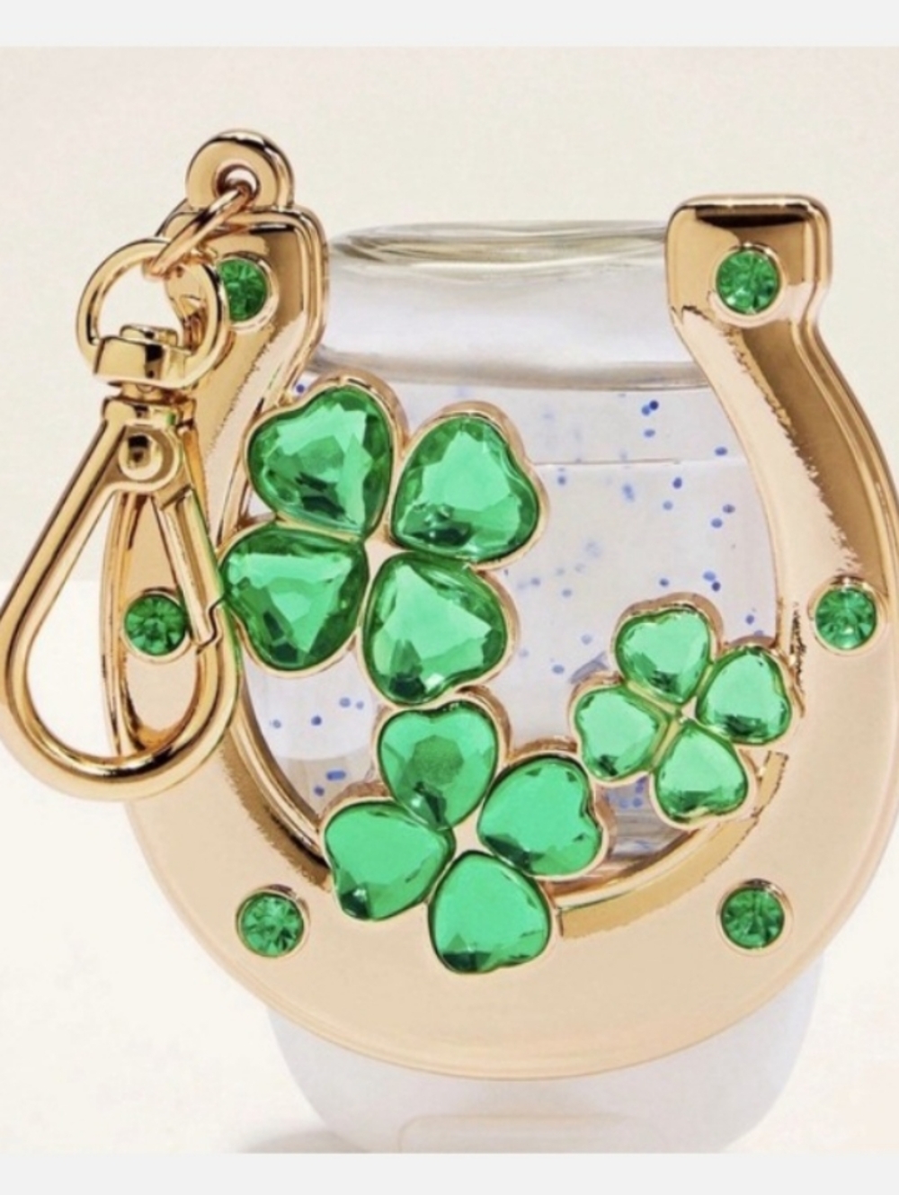 Bath & Body Works Gold Horseshoe Hand Sanitizer Holder with Green Clover Gems